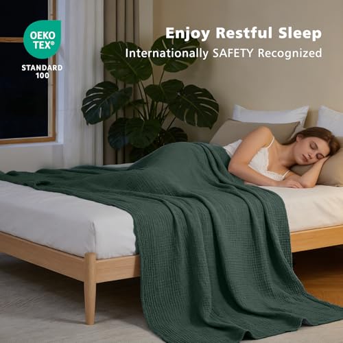 EMME Cotton Muslin Large Throw Blanket Couch Breathable Gauze Soft Lightweight Bed Blankets Adults (Heather Forest Green, 50"x70") - color: 08 - Forest Green, size: Large Throw (50" X 70")
