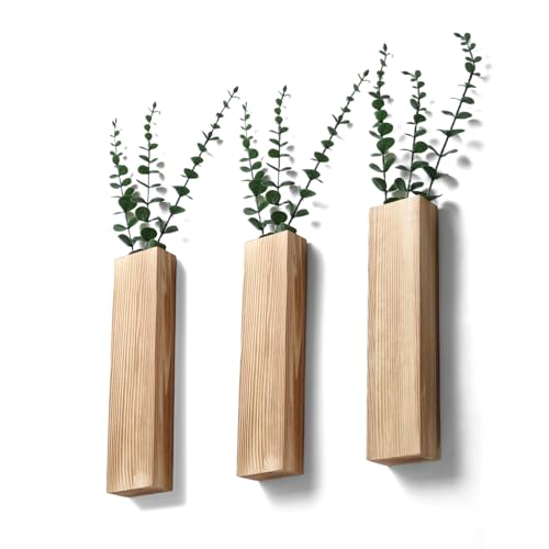 Wood Wall Vase Planters with Artificial Plants,Boho Wall Decor for Bathroom Living Room Bedroom Kitchen,Modern Farmhouse Art Decor Hanging Planters for Dried Flowers Home Office 3pcs Brown