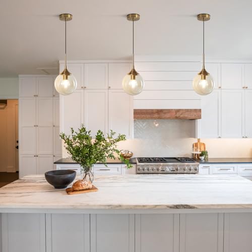 KCO Lighting Mid Century Modern Pendant Chandelier Amber Glass Hanging Lamp Gold Globe Pendant Lights Kitchen Island Brushed Brass Pendant Light Large Kitchen Pendant Lighting Over Island - color: Amber