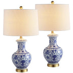 JONATHAN Y 25.25" Blue/White Ceramic Ginger Jar Table Lamp Set of 2, Traditional Brass Gold Base for Living Room Bedroom, White Linen Drum Shade, LED Bulbs Included JYL1072A-SET2