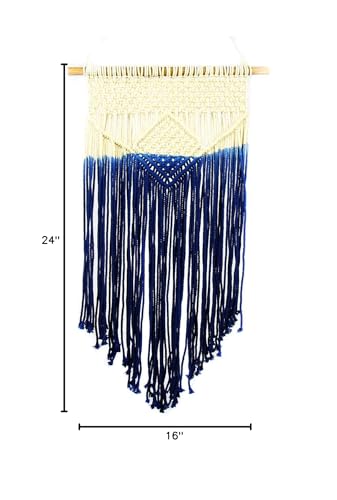 Global Crafts - Handmade Recycled Cotton Macrame Wall Hanging - Cream and Blue Decor