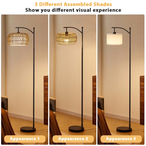 Ambimall Arc Floor Lamp for Living Room with Remote, Color Temperature & Brightness Adjustable, Bohemia Standing Lamp with Rattan & Fabric Double Drum Shades, Bulb Included(Black) - color: Black Bohemian