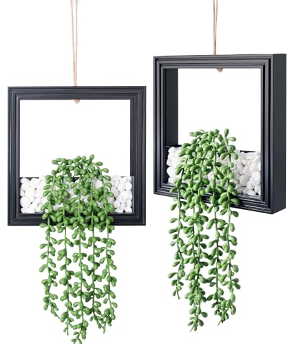 2 Pack Fake Plants Hanging, Artificial Succulents Plants in Square Wooden Frame with Glow Accents, Boho Wall Decor for Office Living Room Bathroom Bedroom Kitchen Indoor Outdoor, Black - color: Black