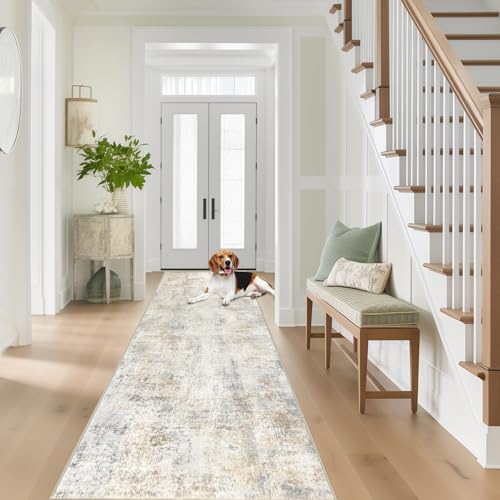 Capslpad 2x10 Beige Abstract Hallway Runner, Ultra Soft Fabric Washable Runner Rug, Non-Slip Rubber Backing, Stain Resistant Low Pile Runners for Hallways, Kitchen, Entryway, Bedroom, Laundry - color: Beige, size: 2' x 10' (Runner)
