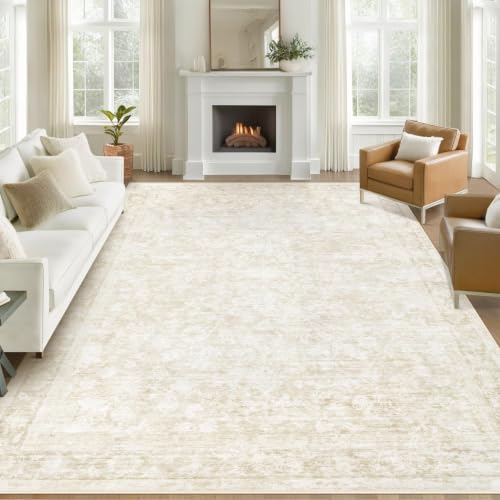 9x12 Area Rugs for Living Room: Washable Large Vintage Floral Rug Low Pile Non-Slip Boho Carpet for Bedroom Dining Home Office (Beige, 9'x12') - color: Beige, size: 9' x 12' (Rectangular)