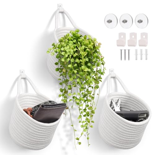 Fabric Wall Hanging Baskets - 3Pack Woven Pouchs Boho Style Wall Mounted Bag with Adhesive Hooks, Storage Organizers and Decoration Pocket Caddy Bins on Door Rack (White & White, Large) - color: White & White