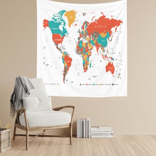 CAPSCEOLL White World Map Tapestry - Old Red Map Wall Hanging for Dorm Room Decor - Christmas Curtains 50X60 Inches - color: White Orange, size: 50"L x 60"W