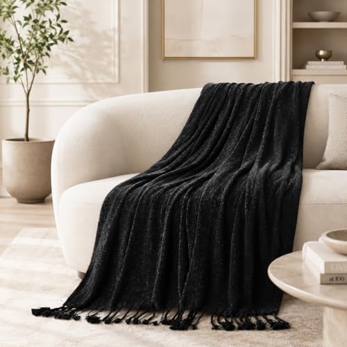 BATTILO HOME Black Chenille Throw Blanket for Couch, Soft Cozy Textured Knit Throw Blanket with Handmade Fringe Tassels, Lightweight Decorative Farmhouse Blanket for Sofa Bed Chair, 50"x60" - color: Black