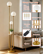 63IN Dimmable Floor Lamp with Shelf, Unique Globe Gold Tall Standing Lamps, 3000K Warmwhite Mid Century Modern Floor Lamp with 5Lbs Heavy Base for Living Room Home Office(Bulbs Included) - color: 3 Globe-Gold Shelf