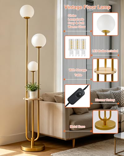 63IN Dimmable Floor Lamp with Shelf, Unique Globe Gold Tall Standing Lamps, 3000K Warmwhite Mid Century Modern Floor Lamp with 5Lbs Heavy Base for Living Room Home Office(Bulbs Included) - color: 3 Globe-Gold Shelf