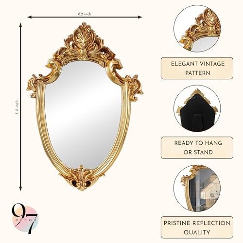 97 Decor Decorative Gold Wall Mirror Vintage Decor - Small Antique Mirror for Table Top and Wall Mounting, Ornate Vintage Mirrors Frame for Home, Bedroom, Makeup Room (11.6x9 Inch) - color: Royal Shield