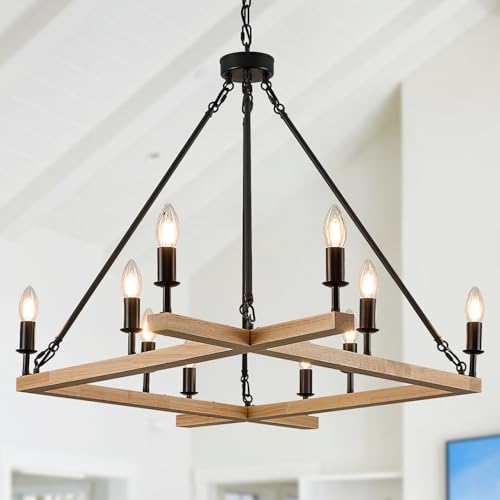 Farmhouse L53'' Wooden Square Chandelier Natural 10-Light Rustic Rectangular Candle Chandeliers Long Ceiling Pendant Lighting for Living Dining Room Foyer Kitchen Bedroom High Ceiling,E12 - color: Natural, size: 53 inches