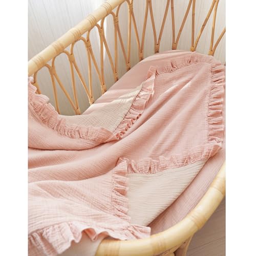 Konssy Flounce Muslin Baby Blanket for Girls Boys, 100% Cotton Soft Crib Swaddle Blankets, Reversible & Breathable Nursery Bedding for Newborns Toddlers, 43 x 39 Inches (Pink) - color: Pink, size: 43"x39"