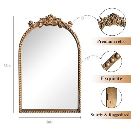 ironsmithn Gold Arched Mirror, 20"x32" Ornate Beaded Frame Mirror, Metal Decorative Accent Mirrors for Fireplace Bedroom Bathroom Living Room Entryway - size: 32"L x 20"W