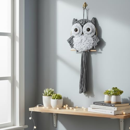 Macrame Owl Wall Hanging Boho Hippy Decor, Handmade Tapestry Fiber Art Wall Decor for Nursery Bedroom Living Room, Sustainable Gift for Owl Lovers & Nature Fans - color: Charcoal, size: Medium