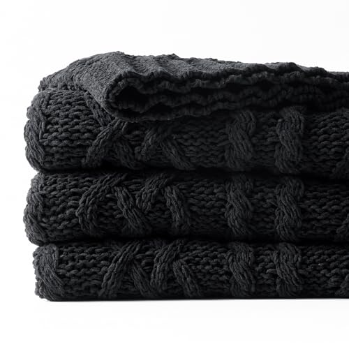 Battilo Black Throw Blanket for Couch, Cable Knit Blanket for Bed,Chair, Home Decor, Soft Cozy Woven Chenille Throw Blanket, Decorative Boho Throw Blanket, 51"x67" - color: Black