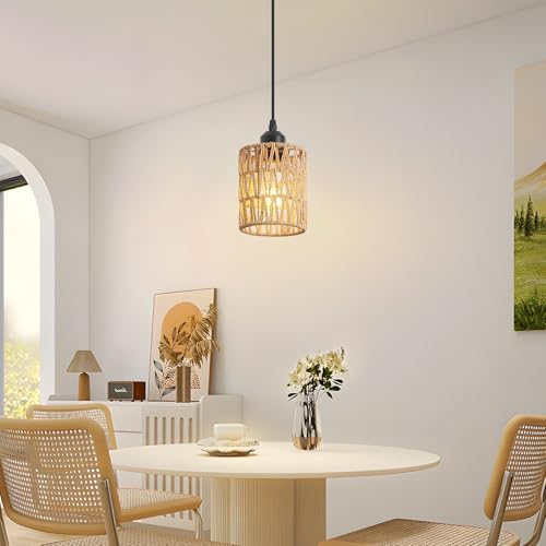 Rattan Chandelier Pendant Lights Kitchen Island,Farmhouse Boho Chandeliers Adjustable Height Hanging lamp for Dining Room,Small Kitchen Ceiling Light Fixtures with Hand Woven Wicker Lampshade - size: 1 Pack