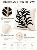 Coastal Growth Decorative Throw Pillow Cover | Tufted Botanical Design | Handmade Artisan Accent Pillow | Neutral Cream & Black Modern Organic Home Decor | 16in x16 in | Obsidian Reed