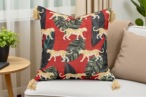 VAGMINE Throw Pillow Cover 20x20 – Animal Printed Poly-Cotton Square Accent Cushion Cover with Tassels – Madhuban Cheetah - color: Madhuban Cheetah, size: 20" x 20" (Pack of 1)
