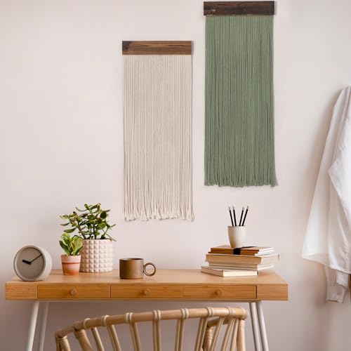 SCECALA Boho Green Macrame Wall Hanging - Set of 2, Handmade Bohemian Macrame Tapestry, Sage Green & White Yarn Decor for Living Room Bedroom, 30.7x11.8 inch - color: Sage Green and White