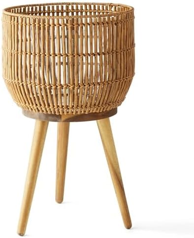 13" Round Rattan Planter with Wooden Stand, Natural Woven Rattan Planter, Rustic Boho Indoor & Outdoor Woven Flower Pot for Home and Garden Decor