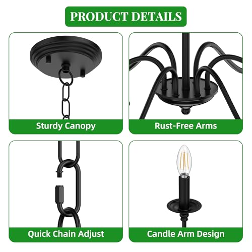 Black Chandelier, 6-Light Farmhouse Candle Chandelier 29'', Rustic Industrial Hanging Light Fixture for Dining Room, Kitchen Island, Living Room, Entryway, Bedroom, Foyer - color: Matte Black
