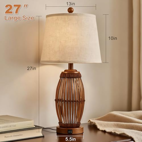 27” Vintage Bamboo Woven Table Lamps Set of 2, Farmhouse Rattan Bedside Lamps for Bedroom Livingroom Office Study with Nightlight and USB A+C, Bulbs Included