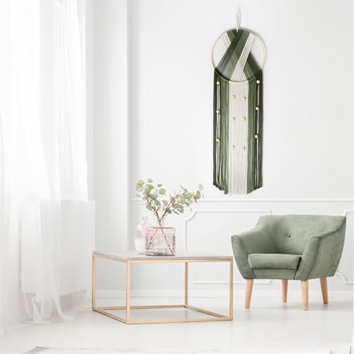 LB Green Macrame Wall Hanging, Handmade Woven Tapestry Wall Hanging Decor Boho Dream Catchers Bohemian Macrame Wall Art for Living Room Apartment Office Backdrop,9.84" W x 31.5" L - color: Green Beige