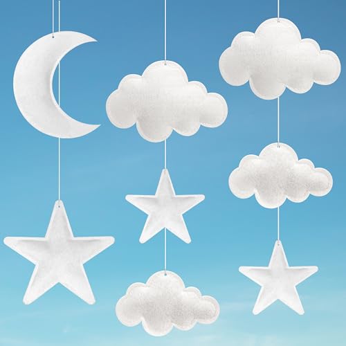 Ayfjovs 8pcs 3D Hanging Cloud Set with Moon and Stars for Ceiling Decor, Felt Artificial Ceiling Clouds for Art Stage Wedding Nursery Children Room Party Baby Shower Cloud Props - style: Puffy Cloud Moon Star-8pcs