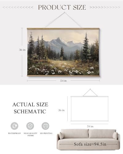 ARPEOTCY Extra Large Vintage Framed Wall Art, 36x54 Inch Wildflower Mountain Forest Hanging Framed Canvas Prints Scroll Wall Art Decor for Living Room Bedroom, Retro Scenery Pictures Above of Bed - color: Snow Mountain Pine Forest