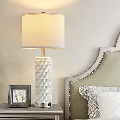 Reaketon 26.5" Ceramic Table Lamp Set of 2, 3 Way Dimmable Touch Control Table Lamp with 2 USB Charging Ports for Bedroom Living Room, Modern Nightstand Lamp End Table Lamps, Bulbs Included - color: White Shade & Silver Base
