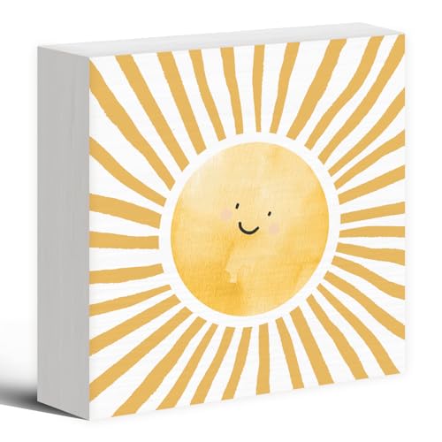 Inspirational Sun Sunshine Wood Box Sign Desk Decor 5X5, Pop Smiles Rustic Farmhouse Wooden Block Sign Decorations for Home Office Girls Dorm Room Nursery Playroom Wall Tabletop Shelf Decor - color: Colour 01, size: 5X5