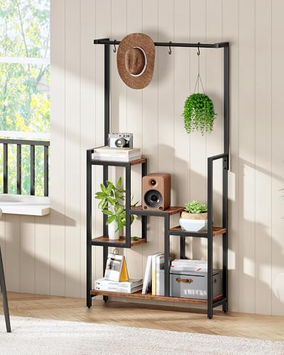 CHOEZON Plant Stand Indoor, 63" Tall Wooden Plant Shelf with Hanging Hooks and Staggered Tiers, Freestanding Flower Rack for Living Room, Balcony, Corner, Rustic Brown and Black TCJ41BF