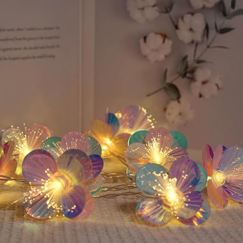 Fiber Optic Flower String Lights Battery Operated 10ft 20 LED Artificial Flower Garland Fairy Lights for Wedding Christmas Party Room Garden Decor (Warm White, 10ft) - size: 10ft