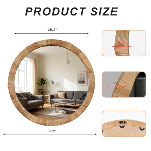 28'' Round Mirror with Irregular Twisted Rattan Frame, Boho Wall Mirror for Bedroom Living Room Entryway Decor (Natural Rattan)
