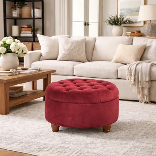 Homepop Home Decor |N8264-B119 | Large Button Tufted Velvet Round Storage Ottoman | Ottoman with Storage for Living Room & Bedroom, Berry - color: Berry
