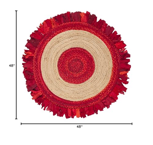 SAFAVIEH Cape Cod Collection 4' Round Red / Natural CAP701Q Handmade Boho Fringe Jute & Cotton Area Rug - color: Red/Natural, size: 4' (Round)