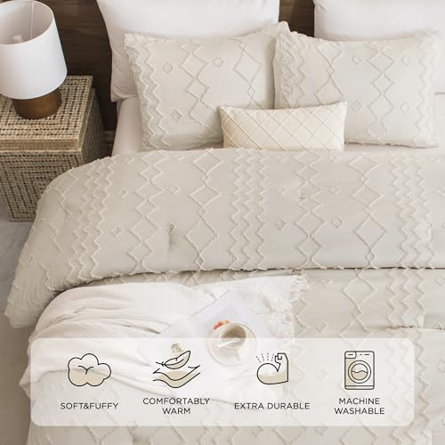 Andency Beige Tufted Comforter Set Queen, 3 Pieces(1 Comforter, 2 Pillowcases) Farmhouse Bedding Set with Soft Down Alternative Geometric Pattern - color: 04 - Beige, size: Queen(90"x90")