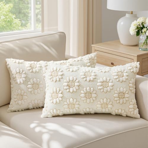 EMEMA Cream Floral Tufted Throw Pillow Covers, Set of 2 Soft Textured Decorative 12x20 Cushion Cases Bringing a Light, Cozy Layer to Sofa, Couch, Bedroom or Modern Farmhouse Living Room Décor - color: White-little Flower, size: 20" x 12" (Pack of 2)