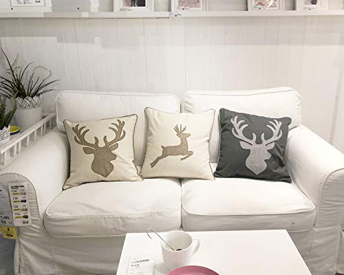 Embroidered Throw Pillow Covers Deer Head Pattren 18x18 Inches for Living Room Cotton Cushions Covers (Khaki) … - color: Deer Head-khaki