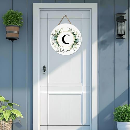 Monogram Letter C Wreaths for Front Door Wreath Wooden Welcome Sign for Front Door Decor Floral Family Last Name Initial House Warming Spring Summer Porch Rustic Wall Home Kitchen Boho Decorations - color: Letter C