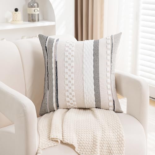 Boho Pillow Covers 18x18 Set of 2 for Couch-Modern Farmhouse Sofa Decorative Throw Pillow Covers Textured Chenille Cushion Covers Outdoor Netural Bohemian Pillow Cases Square - color: White Stripe