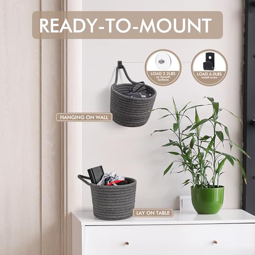 Fabric Wall Hanging Baskets - 3Pack Woven Pouchs Boho Style Wall Mounted Bag with Adhesive Hooks, Storage Organizers and Decoration Pocket Caddy Bins on Door Rack (Dark Gray & Black, Large) - color: Dark Gray & Black