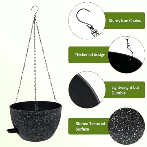 WOUSIWER Self Watering Hanging Planters, 2 Pack 12'' Plastic Pots with Drainage Holes & Reservoir Tray (Speckled Black) | Indoor & Outdoor Use for Ferns, Ivy, Herbs, Succulents - color: Black Speckled, size: 2 Pack 12 inches