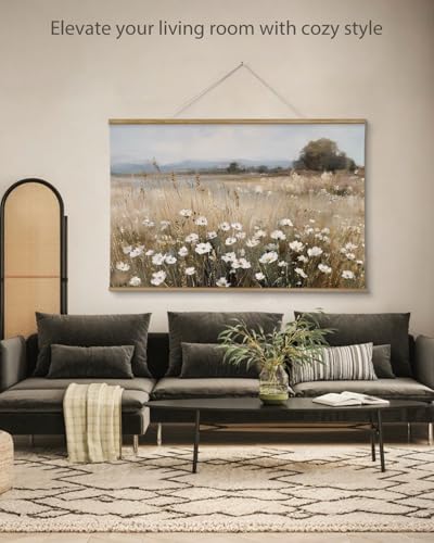 ARPEOTCY Extra Large Vintage Framed Wall Art, 36x54 Inch Wildflower Field Floral Landscape Hanging Canvas Prints Scroll Wall Art Decor for Living Room Bedroom, Retro Scenery Pictures Above of Bed - color: Yellow Wildflower Field