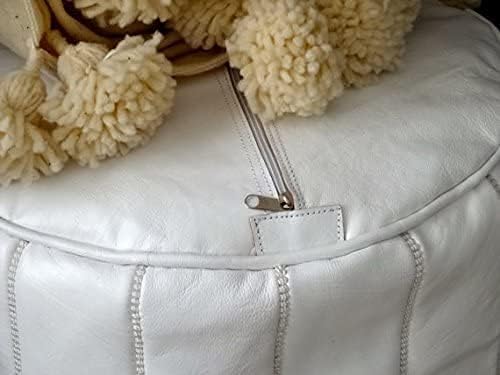 ARTOUARZAZATE Premium Moroccan Leather Pouf Cover - Round & Large Ottoman Footstool Cover with Embroidery - Cover ONLY - Perfect for The Living Room Bedroom, Kids Room, Gift & Wedding (White)