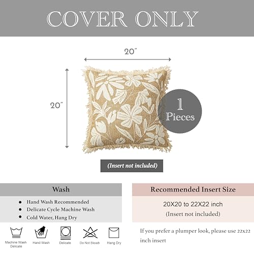 BlissBlush Throw Pillow Cover 20x20 Inch Indoor Outdoor, Jute-Look Floral Tufted Decorative Accent Pillow Case for Patio Sofa Couch Living Room, Cover Only - color: Jute Inspired, size: 20" x 20" (Pack of 1)