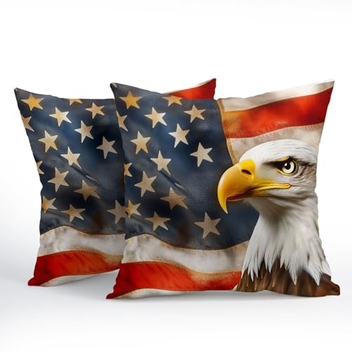 4th of July USA Bald Eagle Pillow Covers 16x16 Inch American Flag Stars Stripes Throw Pillows For Couch Soft Durable Cushion Covers Independence Memorial Day Pillow Cases for Bed Sofa Decor Set of 2 - color: 4th of July-eagle, size: 16" x 16" (Pack of 2)