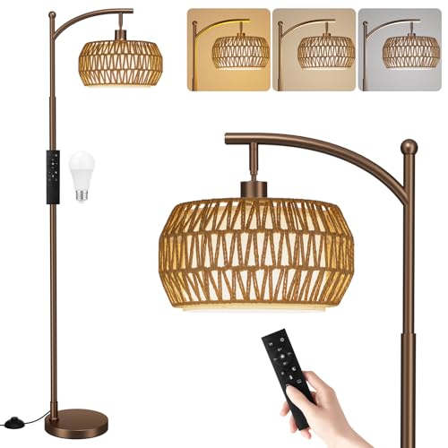 Ambimall Arc Floor Lamp for Living Room with Remote, Color Temperature & Brightness Adjustable, Bohemia Standing Lamp with Rattan & Fabric Double Drum Shades, Bulb Included(Brown) - color: Brown Bohemian