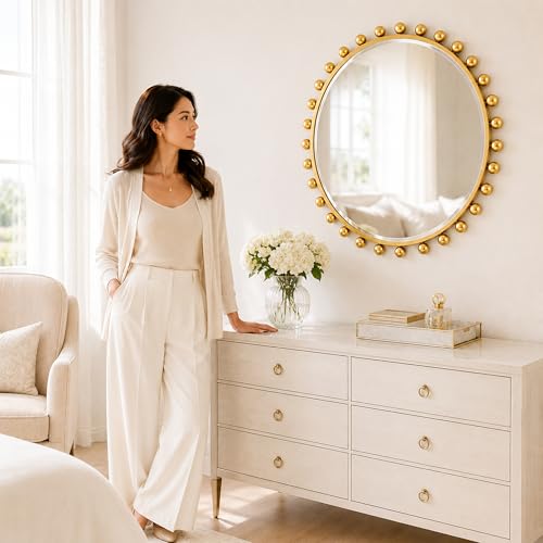 30 Inch Round Wall Mirror with Antique Gold Ball Frame, Beveled Decorative Round Accent Mirror, Vintage Gold Sunburst Style Mirror for Bedroom, Living Room, Entryway, Hallway & Wall Decor - size: Round 30x30"